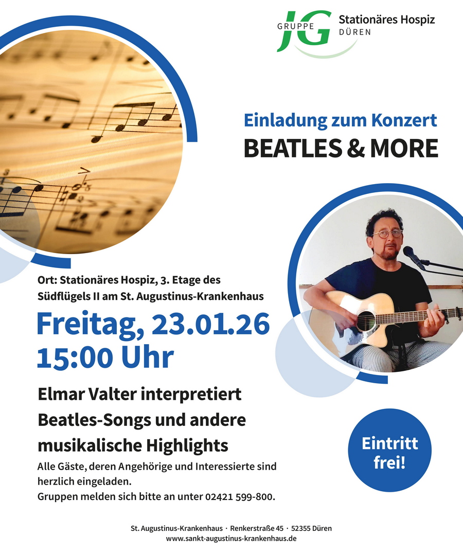 Hospiz und Musik – Gitarren-Konzert „Beatles & More“ mit Elmar Valter im Stationären Hospiz am St. Augustinus-Krankenhaus